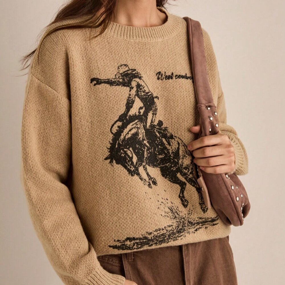 Brown Casual Women's Western Style Denim Print Pullover Sweater